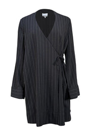Ganni - Black w/ White Pinstripes Wrap Mini Dress Sz 8 - Current Boutique