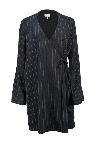 Ganni - Black w/ White Pinstripes Wrap Mini Dress Sz 8 - Current Boutique