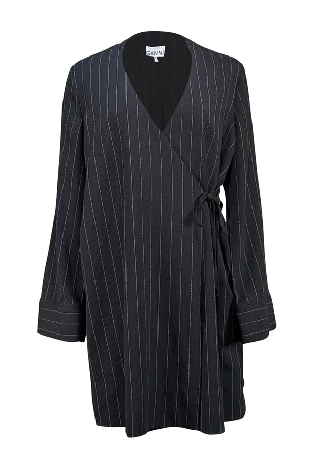 Ganni - Black w/ White Pinstripes Wrap Mini Dress Sz 8 - Current Boutique
