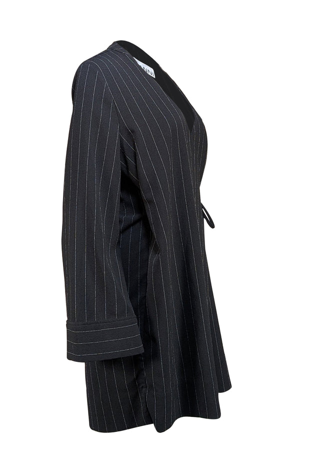Ganni - Black w/ White Pinstripes Wrap Mini Dress Sz 8 - Current Boutique