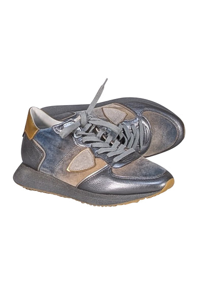 Philippe Model - Grey & Gold Metallic & Velvet Sneakers Sz 8