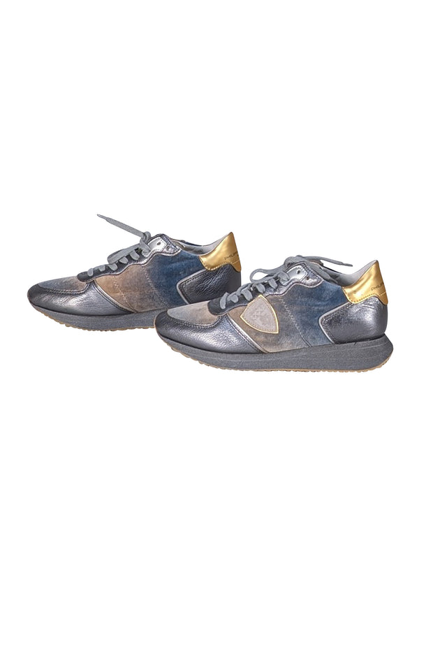 Philippe Model - Grey & Gold Metallic & Velvet Sneakers Sz 8