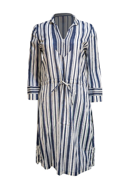 Tory Burch - Navy & White Striped Cotton Drawstring Waist Dress Sz 10 - Current Boutique