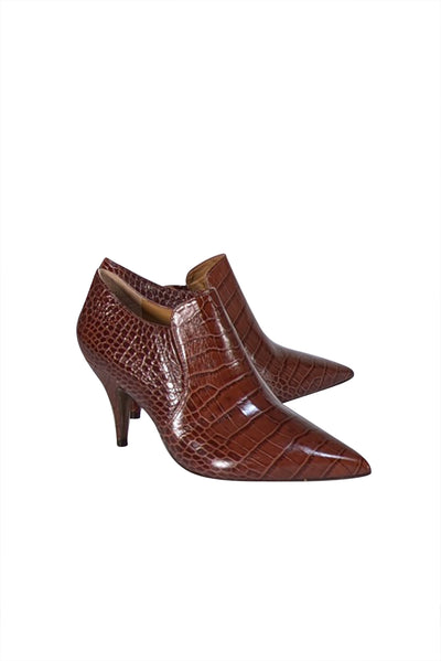 Tory Burch - Brown Croc Embossed Leather Low Ankle Boot Heel Sz 9.5