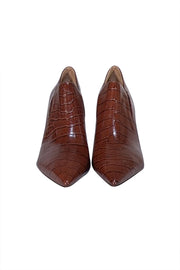 Tory Burch - Brown Croc Embossed Leather Low Ankle Boot Heel Sz 9.5