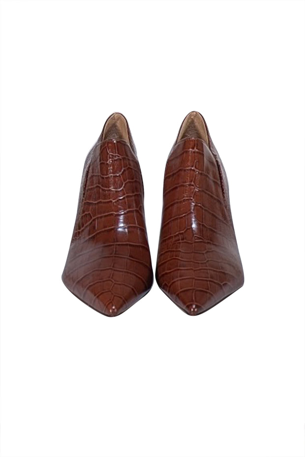 Tory Burch - Brown Croc Embossed Leather Low Ankle Boot Heel Sz 9.5