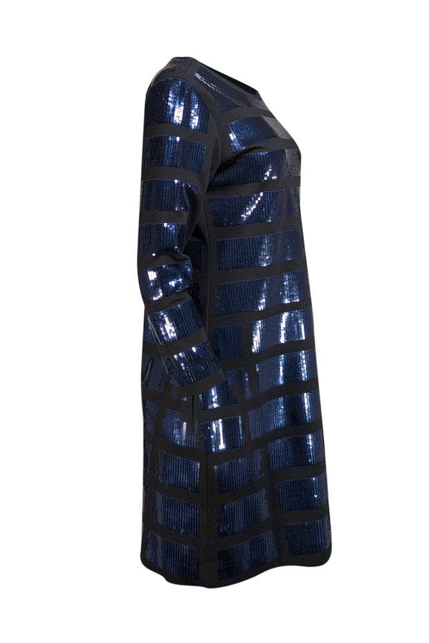 Tory Burch - Black w/Navy Sequin Stripe Long Sleeve Bodycon Dress Sz L - Current Boutique