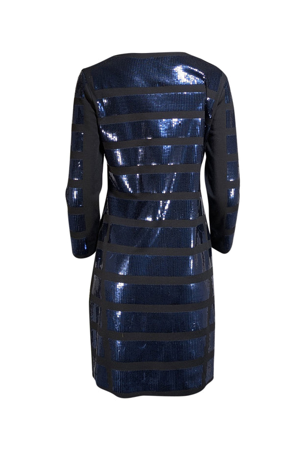 Tory Burch - Black w/Navy Sequin Stripe Long Sleeve Bodycon Dress Sz L - Current Boutique