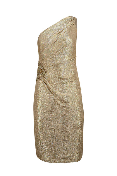 David Meister - Gold Textured One Shoulder Dress w/ Embellished Side Sz 4