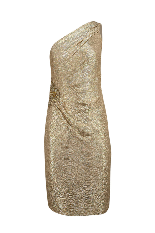 David Meister - Gold Textured One Shoulder Dress w/ Embellished Side Sz 4