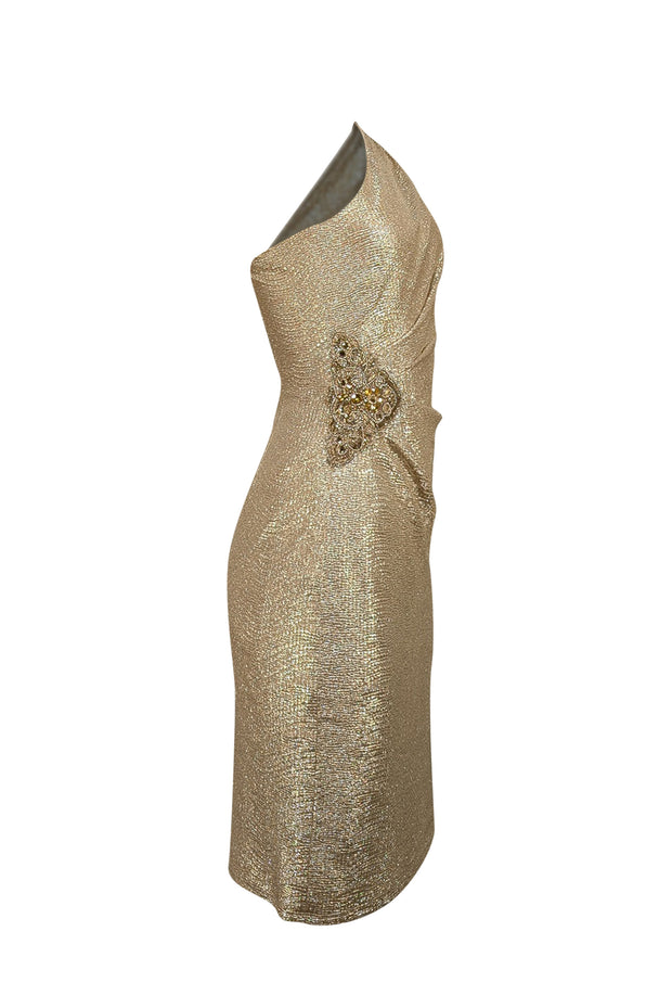 David Meister - Gold Textured One Shoulder Dress w/ Embellished Side Sz 4