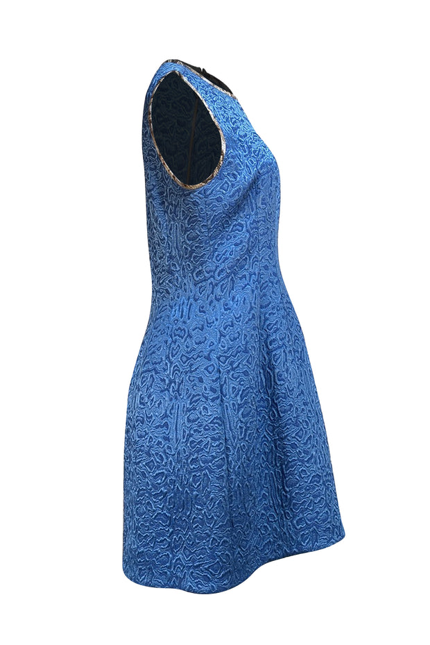 Roberto Cavalli - Blue Brocade Sleeveless Dress w/ Snakeskin Print Trim Sz 10 - Current Boutique