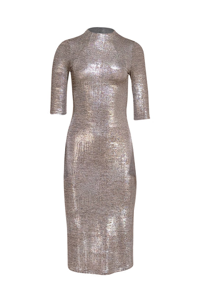Alice & Olivia - Silver Metallic Cropped Sleeve Midi Dress Sz 2 - Current Boutique