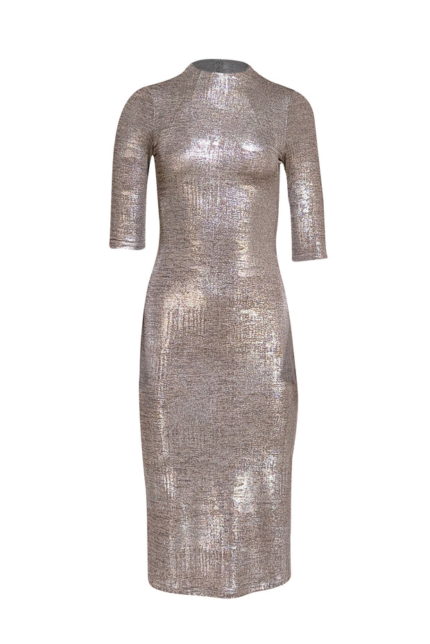 Alice & Olivia - Silver Metallic Cropped Sleeve Midi Dress Sz 2 - Current Boutique