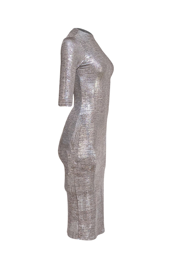 Alice & Olivia - Silver Metallic Cropped Sleeve Midi Dress Sz 2 - Current Boutique