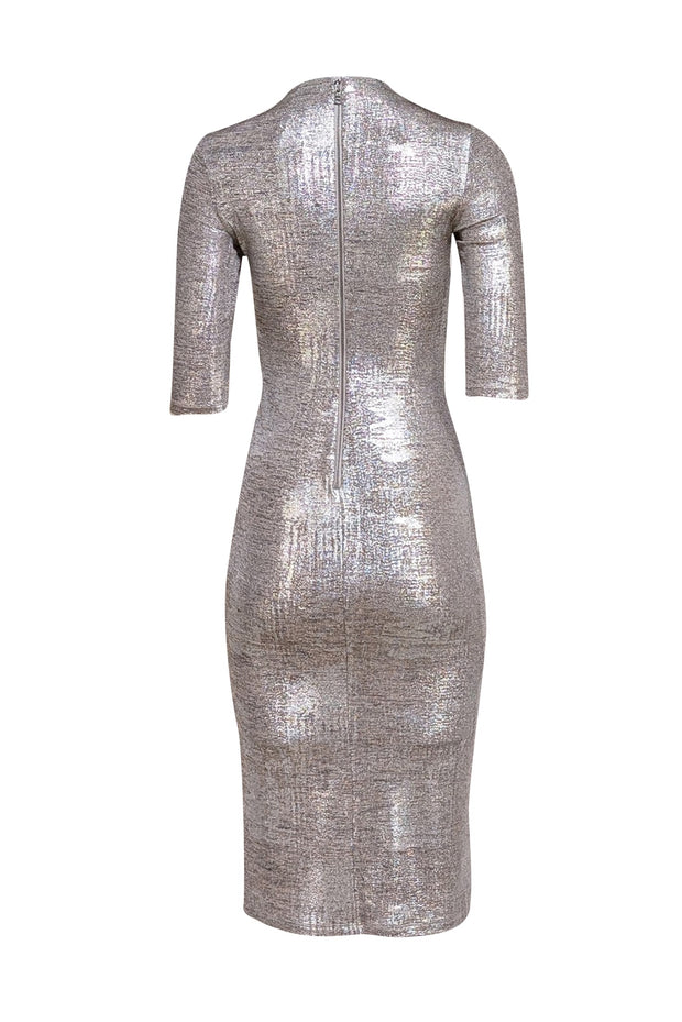 Alice & Olivia - Silver Metallic Cropped Sleeve Midi Dress Sz 2 - Current Boutique