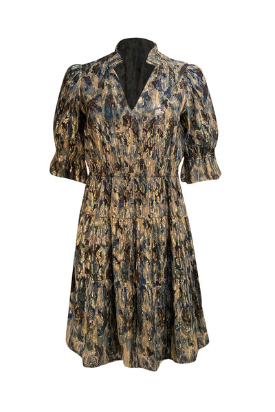 Ba&sh - Blue & Gold Metallic Print Dress Sz 4 - Current Boutique