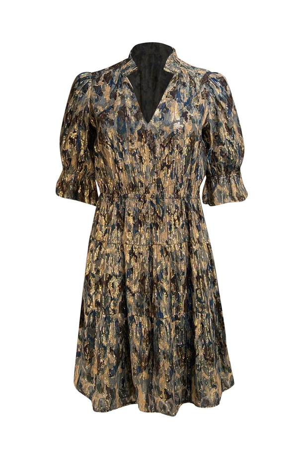 Ba&sh - Blue & Gold Metallic Print Dress Sz 4 - Current Boutique