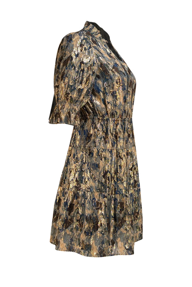 Ba&sh - Blue & Gold Metallic Print Dress Sz 4 - Current Boutique