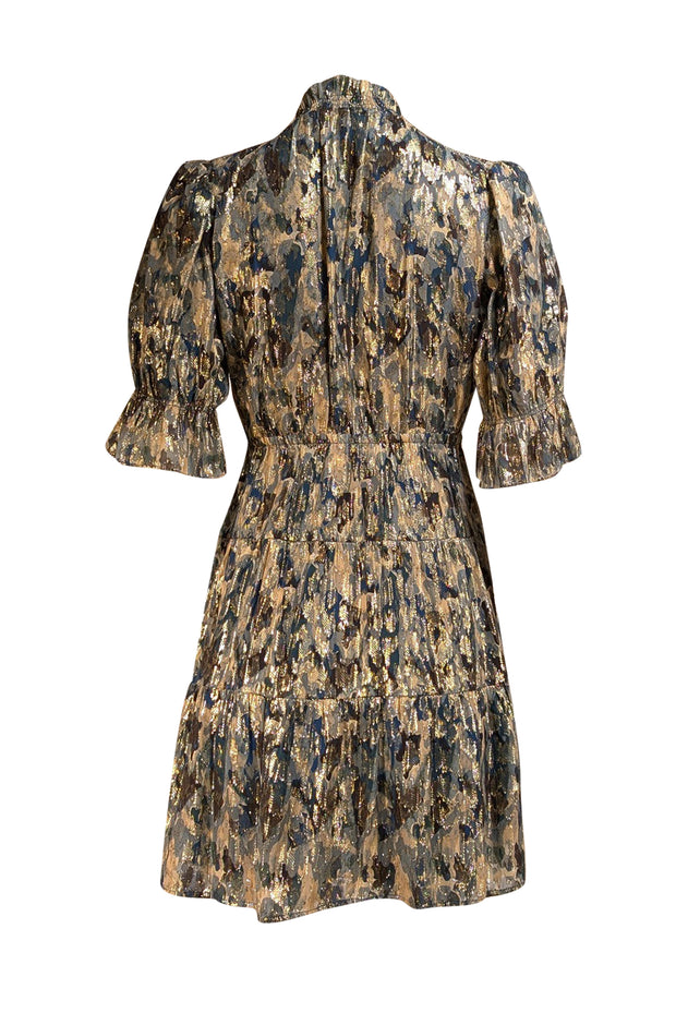 Ba&sh - Blue & Gold Metallic Print Dress Sz 4 - Current Boutique