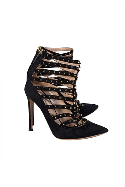 Valentino - Black Suede Multi Strap Studded Trim Pointed Toe Pumps Sz 7.5