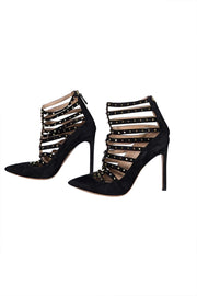 Valentino - Black Suede Multi Strap Studded Trim Pointed Toe Pumps Sz 7.5
