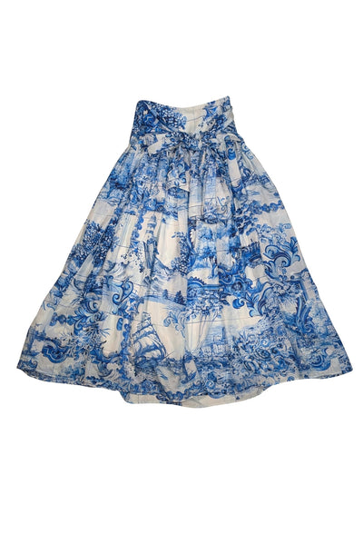 Hugo Boss - Blue & White Garden Print Silk Midi Skirt Sz 0 - Current Boutique