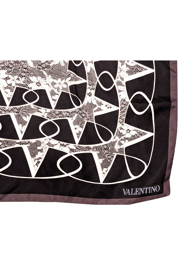 Valentino - Black & Cream Print Silk Scarf - Current Boutique
