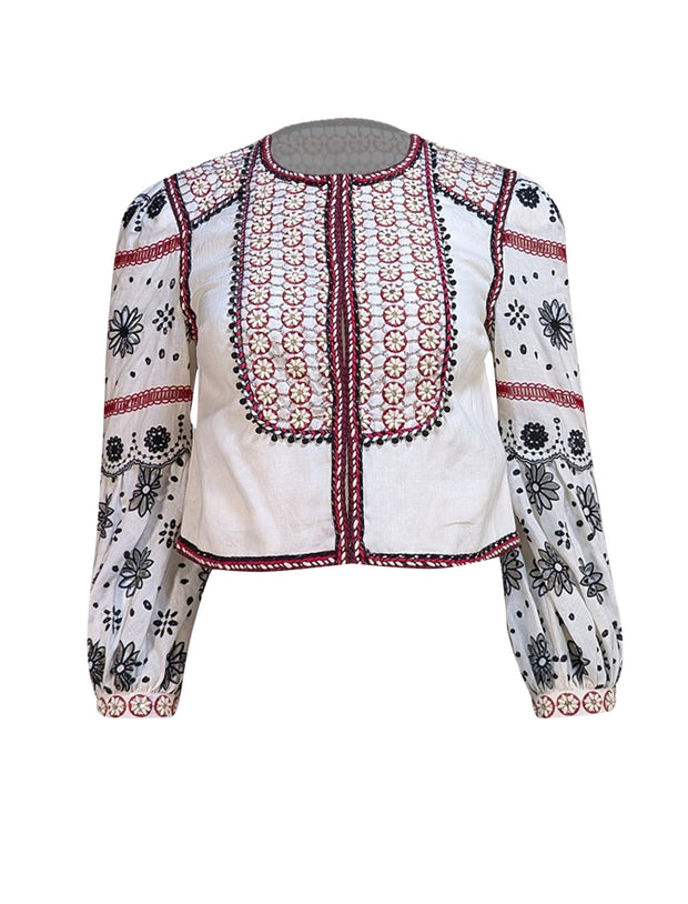 Veronica Beard - Ivory w/ Red, Black, & Cream Embroidery &amp; Beaded Detail Jacket Sz XS