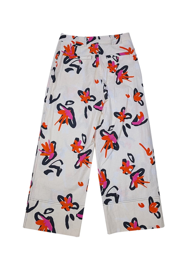 Tanya Taylor - Ivory, Pink, Orange, & Black Floral Print Casual Pants Sz 4