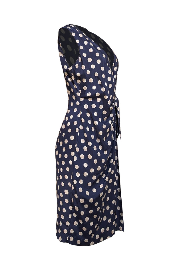 St. John - Navy w/ Taupe Polka Dots Midi Dress Sz 8 - Current Boutique