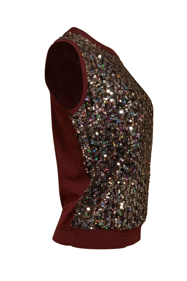 St. John - Maroon Wool Blend Sequin Front Sleeveless Sweater Sz M - Current Boutique