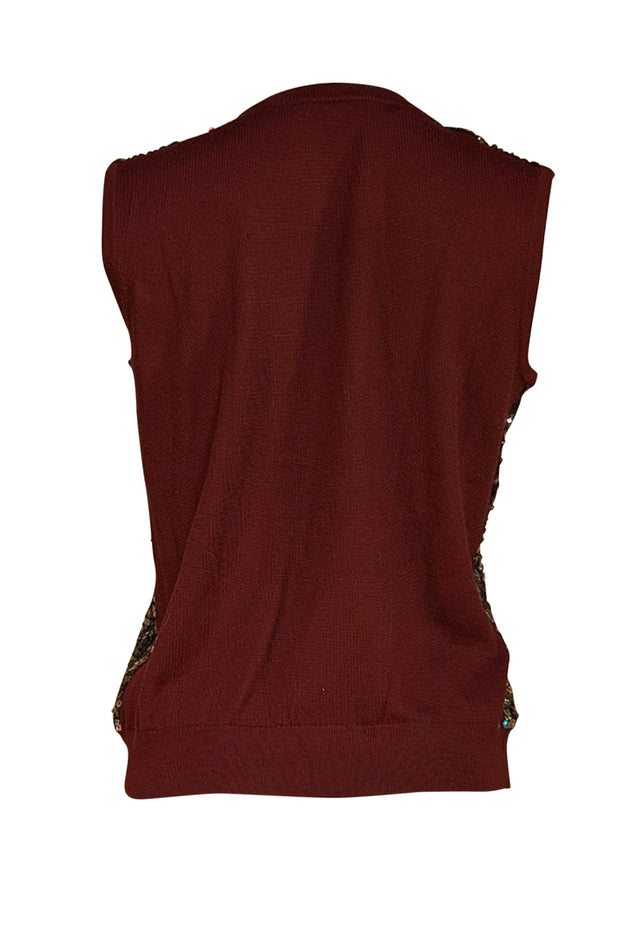 St. John - Maroon Wool Blend Sequin Front Sleeveless Sweater Sz M - Current Boutique