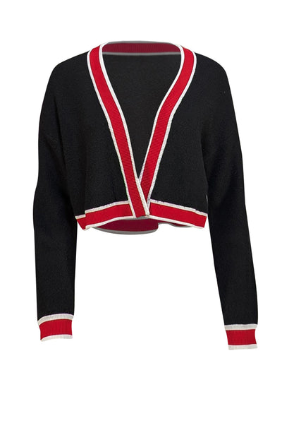 Alice & Olivia - Black Cardigan w/ Red & White Ribbed Trim Sz L - Current Boutique