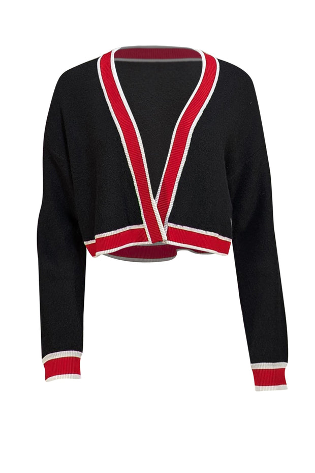 Alice & Olivia - Black Cardigan w/ Red & White Ribbed Trim Sz L - Current Boutique