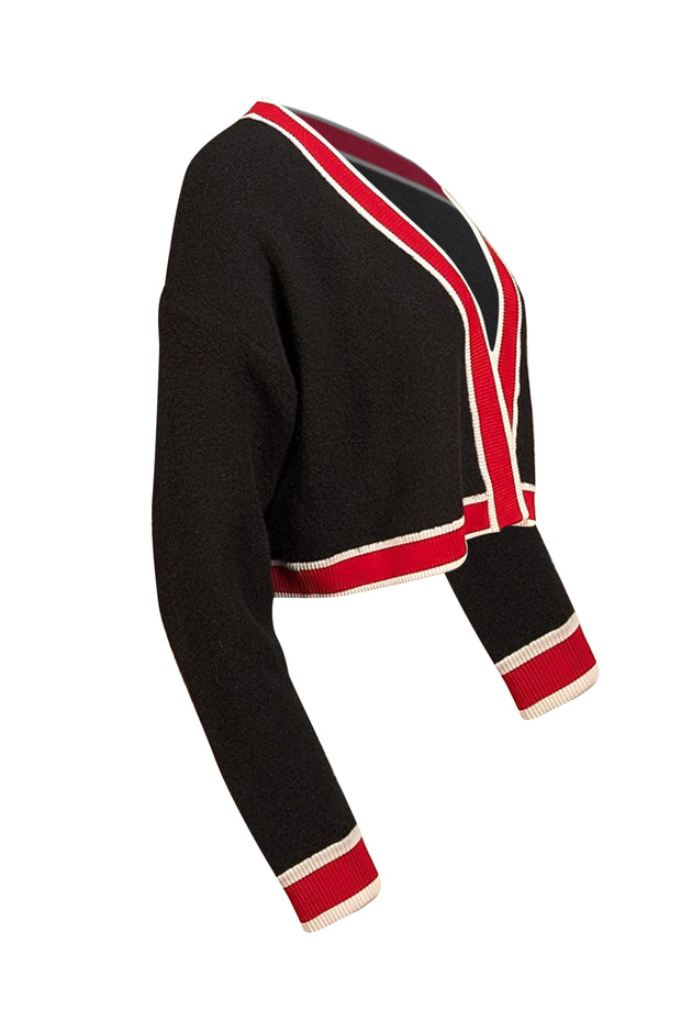 Alice & Olivia - Black Cardigan w/ Red & White Ribbed Trim Sz L - Current Boutique