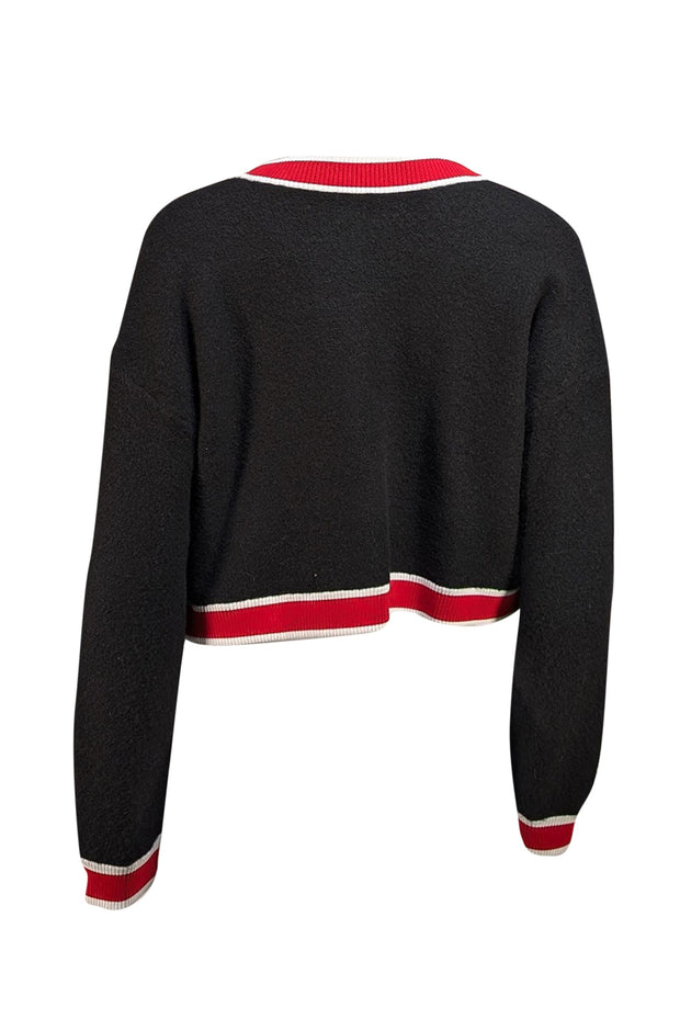 Alice & Olivia - Black Cardigan w/ Red & White Ribbed Trim Sz L - Current Boutique