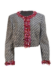 Carolina Herrera - Black & White Tweed Cropped Jacket w/ Sequin Trim Sz 14