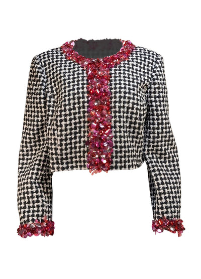 Carolina Herrera - Black & White Tweed Cropped Jacket w/ Sequin Trim Sz 14