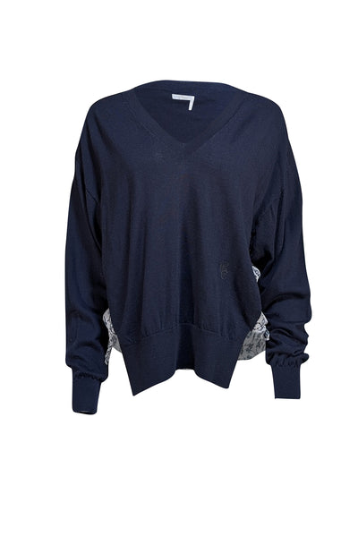 Chloe - Navy Floral Back Sweater Sz M - Current Boutique