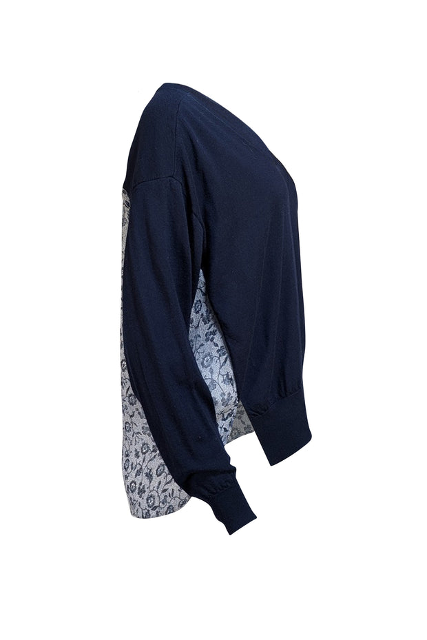 Chloe - Navy Floral Back Sweater Sz M - Current Boutique