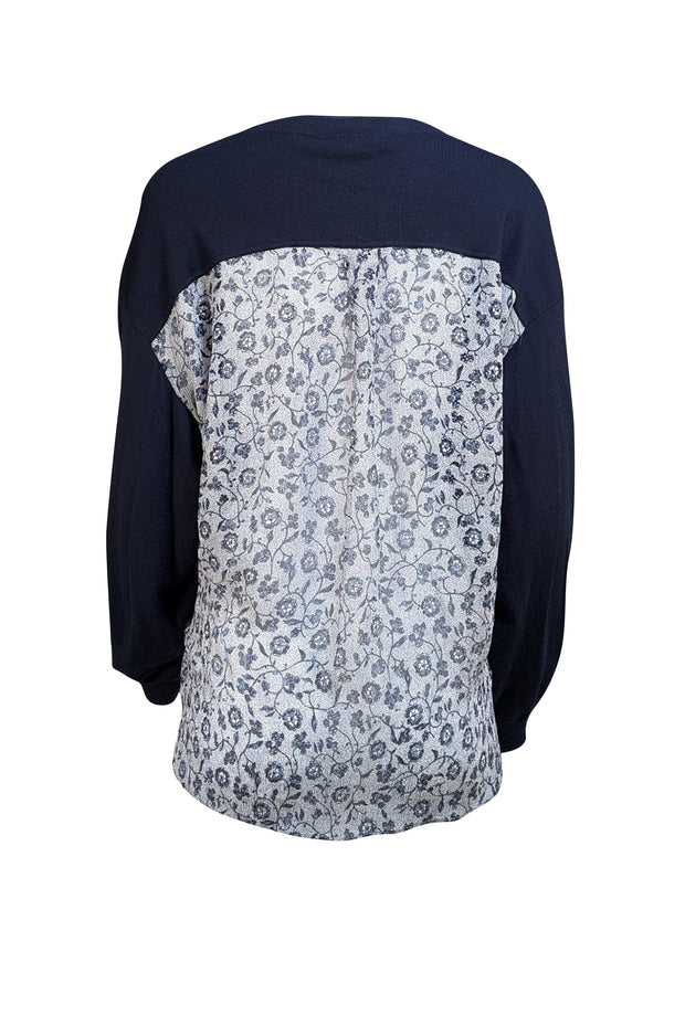 Chloe - Navy Floral Back Sweater Sz M - Current Boutique