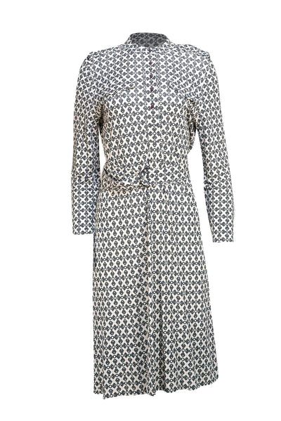 Tory Burch - Cream & Black Print Waist Tie Dress Sz L - Current Boutique