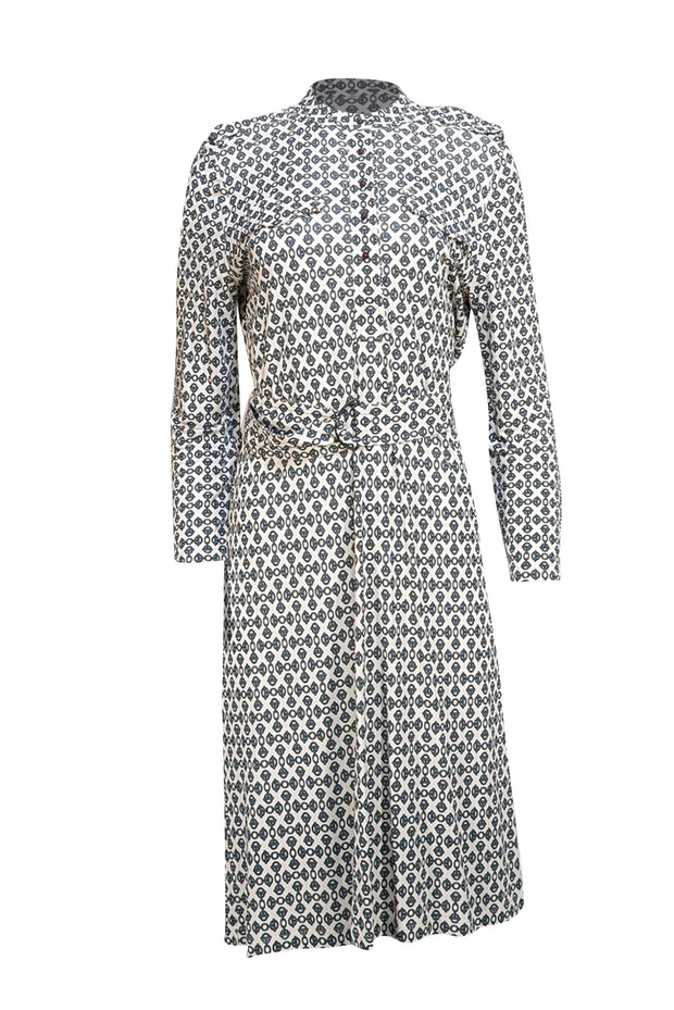 Tory Burch - Cream & Black Print Waist Tie Dress Sz L - Current Boutique