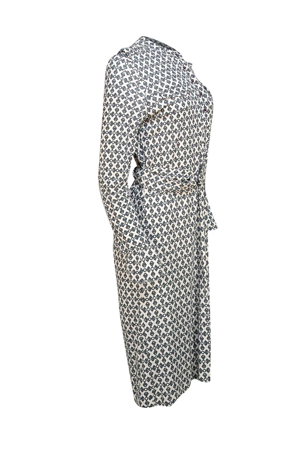 Tory Burch - Cream & Black Print Waist Tie Dress Sz L - Current Boutique