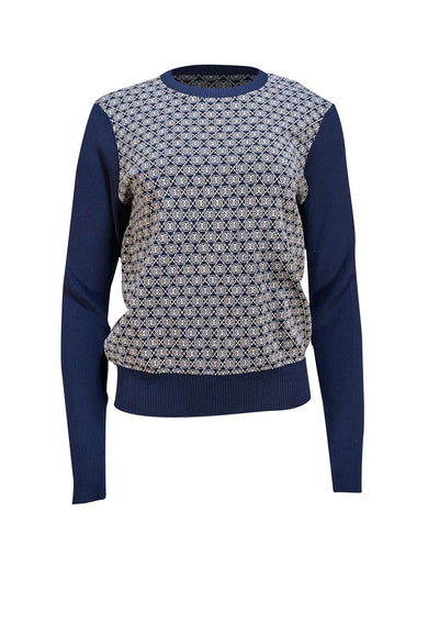 Tory Burch - Navy &amp; Cream Logo Print Sweater Sz L - Current Boutique