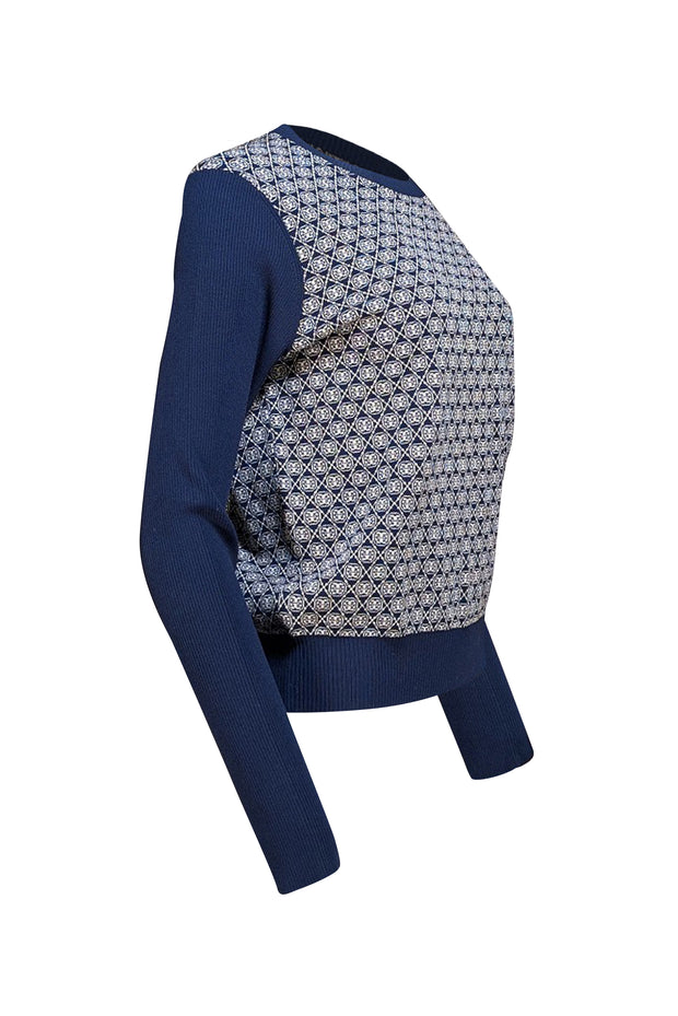 Tory Burch - Navy &amp; Cream Logo Print Sweater Sz L - Current Boutique
