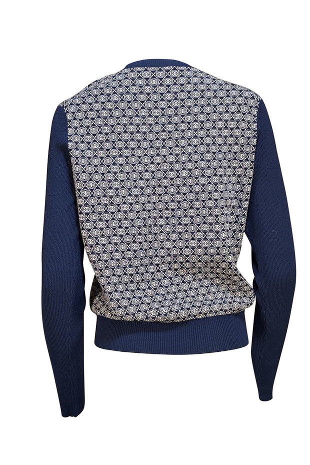 Tory Burch - Navy &amp; Cream Logo Print Sweater Sz L - Current Boutique