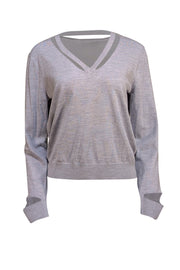 Tory Burch - Grey Merino Wool V-Cut Out Sweater Sz L - Current Boutique