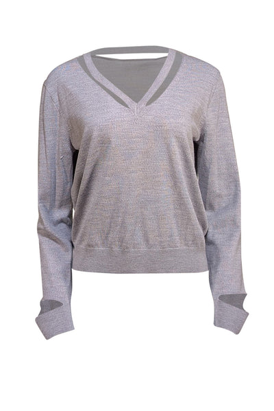 Tory Burch - Grey Merino Wool V-Cut Out Sweater Sz L - Current Boutique
